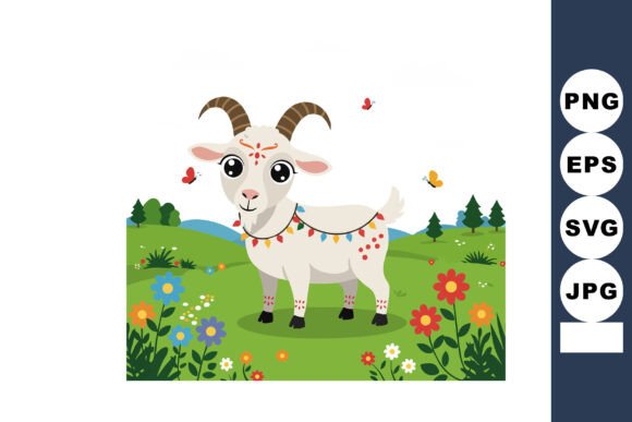 Cute White Goat with Decorative Lights I: A Charming Illustration Asset