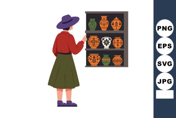 Woman Browsing Decorative Ceramic Pots: A Creative Asset
